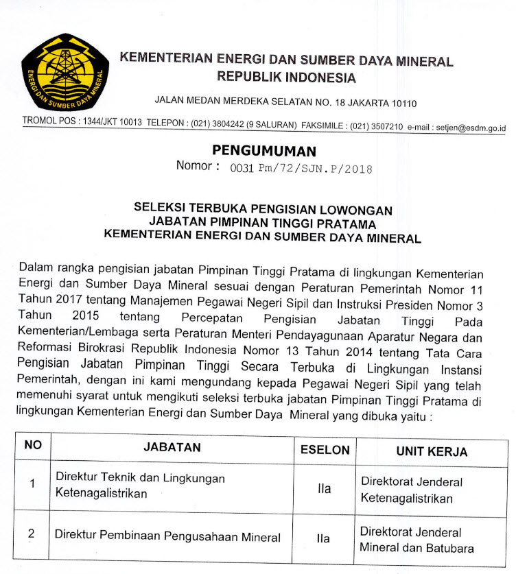 Seleksi Terbuka Pengisian Jabatan Pimpinan Tinggi Pratama Kementerian ESDM