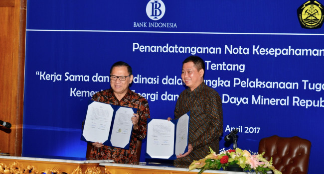  	Penandatanganan Nota Kesepahaman Kementerian ESDM - Bank Indonesia, Kamis (13/4) 
