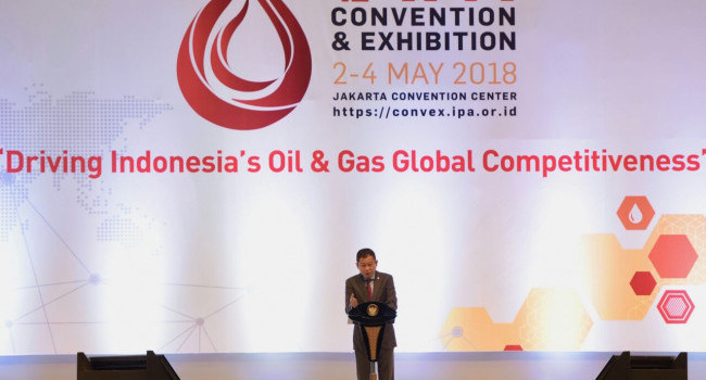 Menteri ESDM Ignasius Jonan saat membuka acara Konvensi dan Pameran Tahunan Indonesian Petroleum Association (IPA) ke-42, Rabu (2/5) di Jakarta 