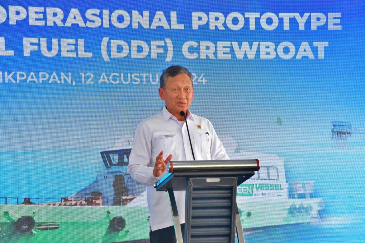 Peresmian Prototipe Kapal Dual Diesel Fuel di Pelabuhan Somber Balikpapan, Kalimantan Timur, Senin (12/8)