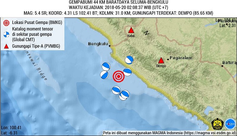 Gempa 5,4 SR Guncang Perairan Barat Daya Bengkulu
