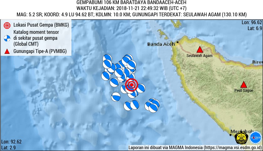 Gempa Bumi Magnitudo 5,2 Terjadi di Perairan Baratdaya Aceh