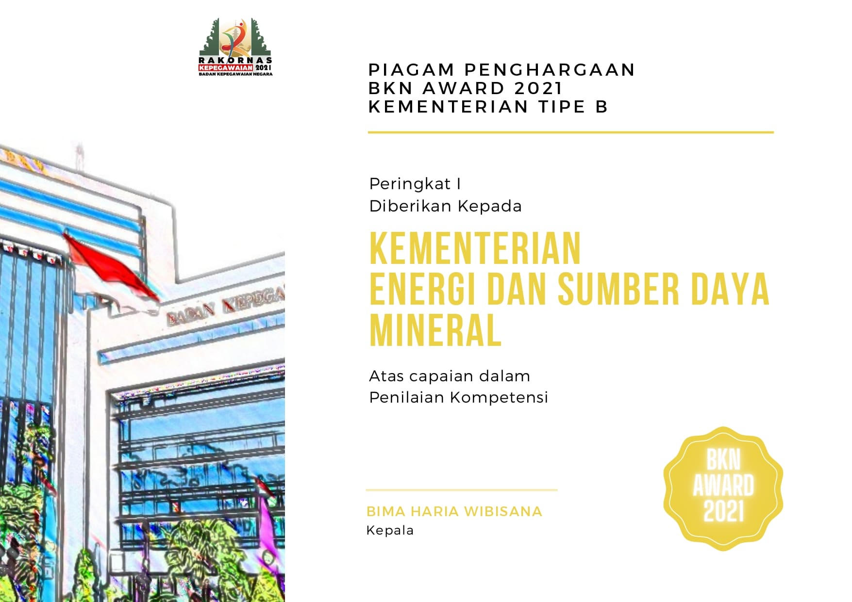 Optimalkan Layanan Kepegawaian, Kementerian ESDM Sabet Dua Kategori BKN Award 2021