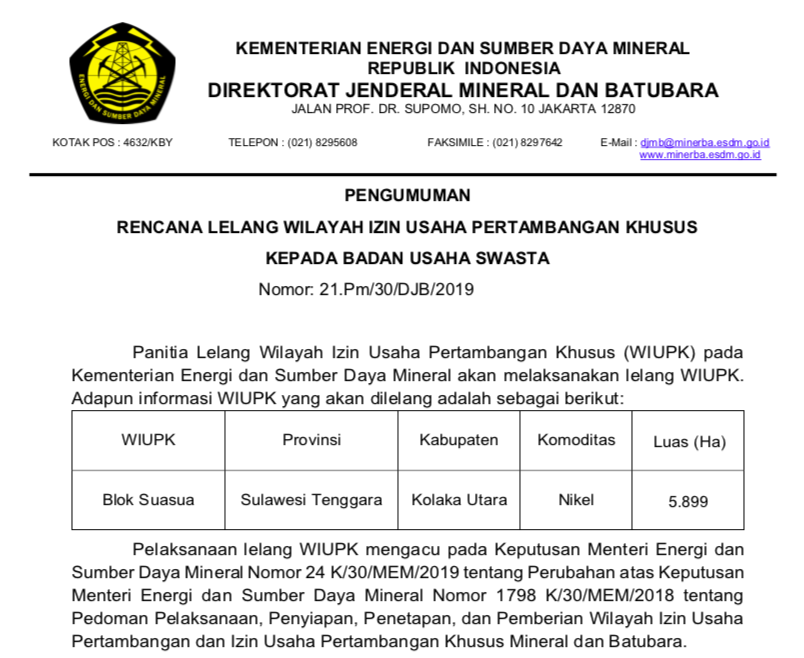 Rencana Lelang Wilayah Izin Usaha Pertambangan Khusus Blok Suasua